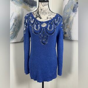 Lauren Michelle Metallic Blue Silver Beaded Keyhole Neckline Sweater size Med